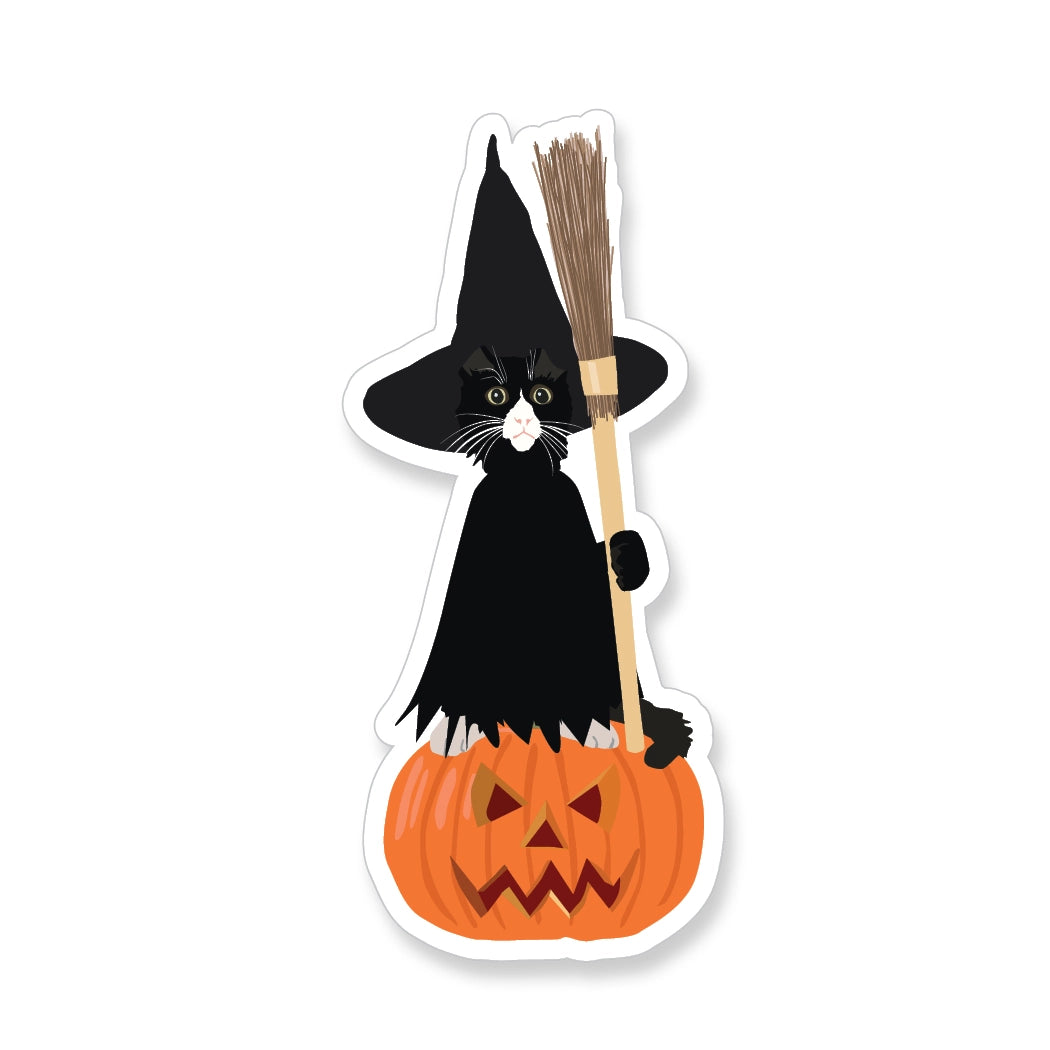 Black Cat Witch on Pumpkin Vinyl Sticker