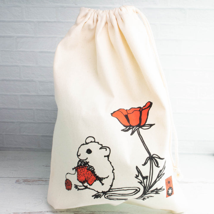 Knitting Mouse Drawstring Project Bag