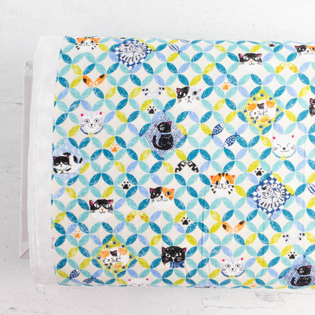 Japanese Cotton Fabric - Cats on Orange Peel Design