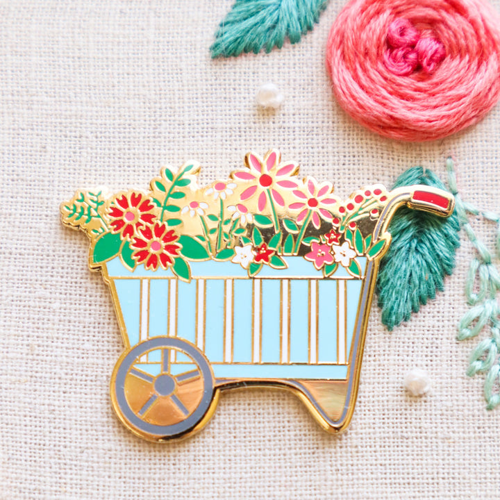 Spring Floral Wheelbarrow Enamel Needle Minder