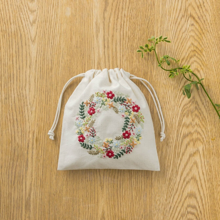 Japanese Drawstring Pouch Embroidery Kit - Colorful Floral Wreath