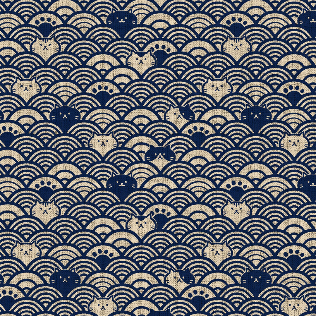 Cotton Dobby Fabric :: Fuku Cats in Waves in Blue (CF9032C)