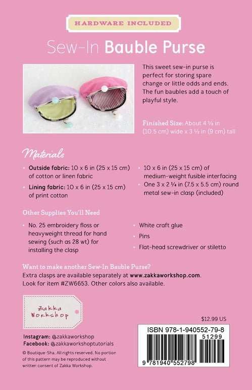 Sew-In Bauble Purse Pattern & Hardware