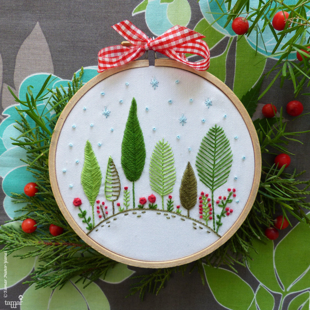 Tamar Nahir Embroidery Kit - 4" Christmas Forest Embroidery Kit - Snuggly Monkey