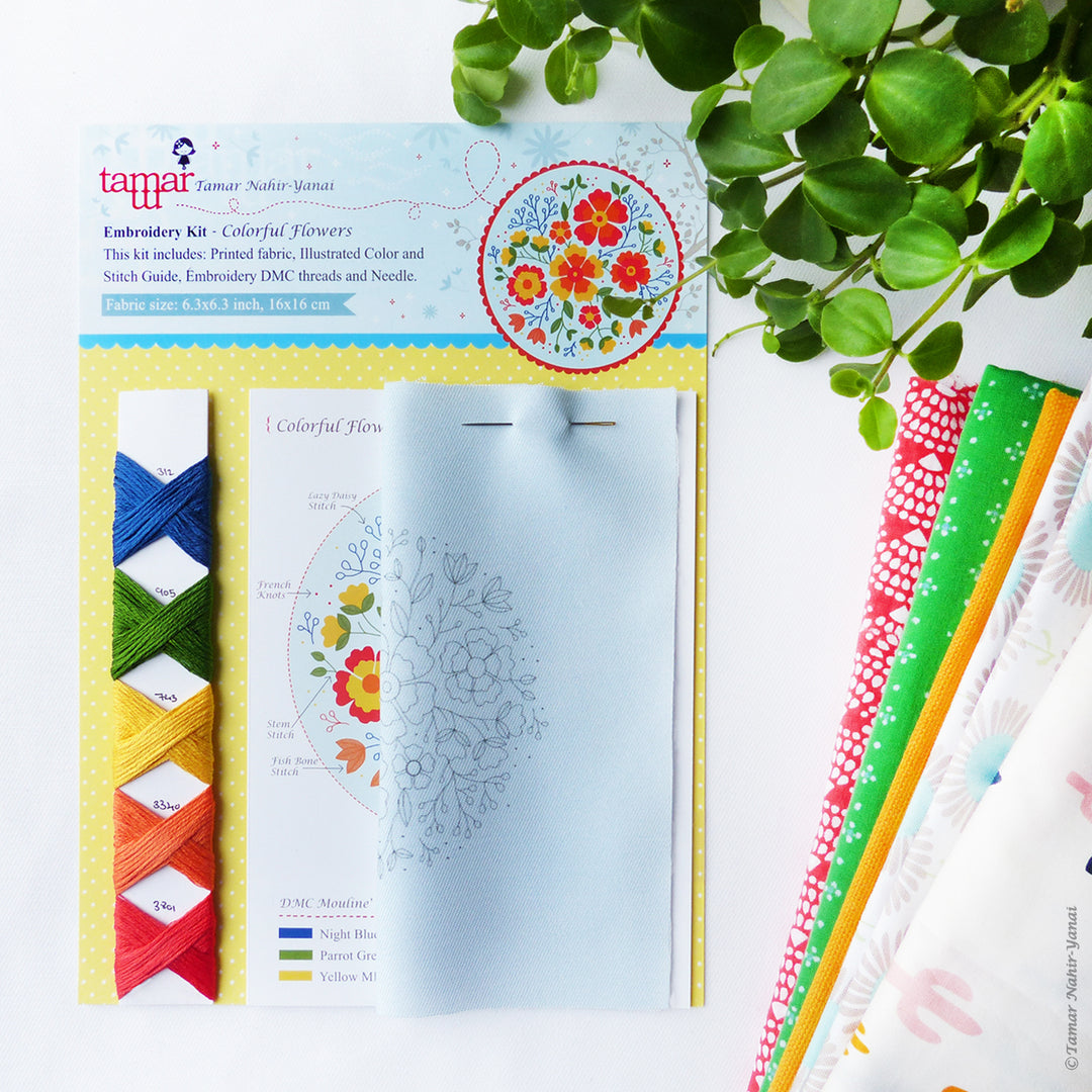 Embroidery Kit : 4" Colorful Flowers by Tamar Nahir Embroidery Kit - Snuggly Monkey