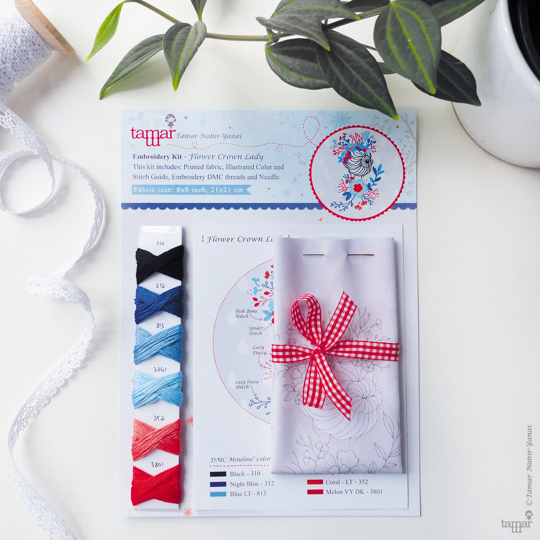 Modern Embroidery Kit : 6" Flower Crown Lady by Tamar Nahir Embroidery Kit - Snuggly Monkey