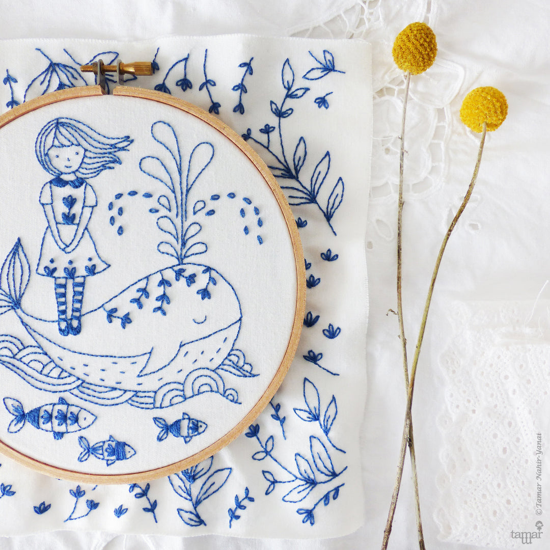 Embroidery Kit : 6" Girl and a Whale by Tamar Nahir Embroidery Kit - Snuggly Monkey