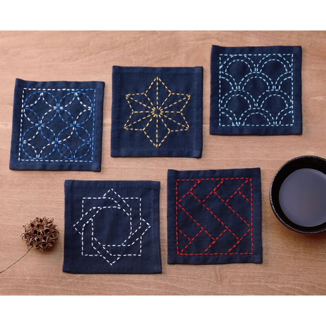 Kofu Tsumugi Sashiko Coasters Sampler - Navy