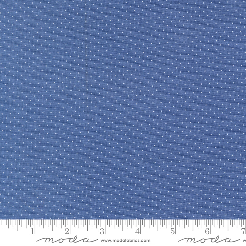 Polka Dot Cotton Fabric - Fruit Salad Cobalt (MD24724) featuring a rich cobalt blue background with small white polka dots, ideal for modern needlework, quilting, and sewing projects.