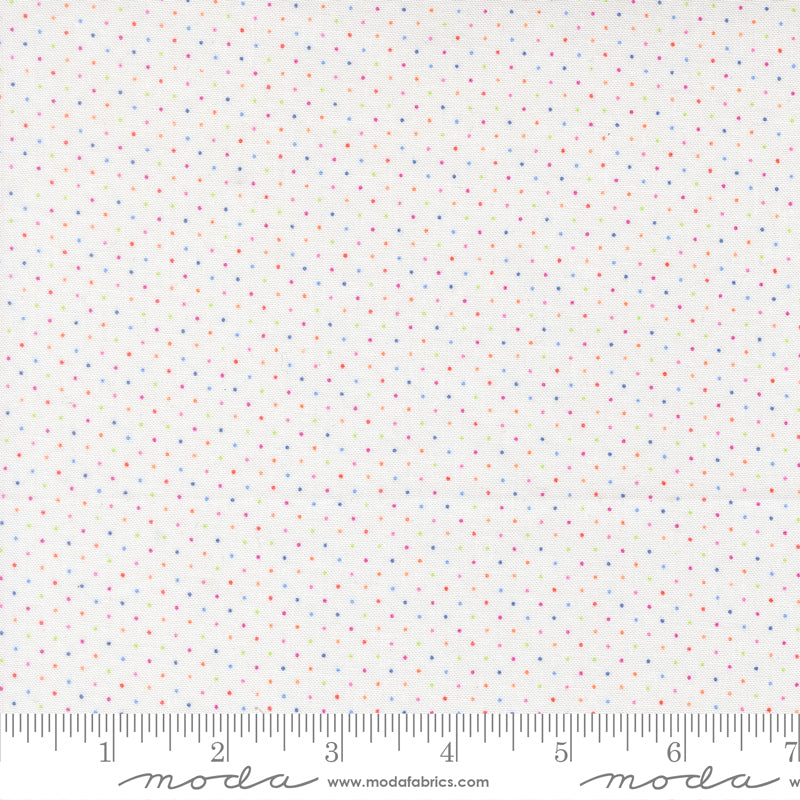 Polka Dot Cotton Fabric - Fruit Salad Dots Multicolor (MD24731) featuring a white background with small multicolored dots, ideal for modern needlework and quilting projects.