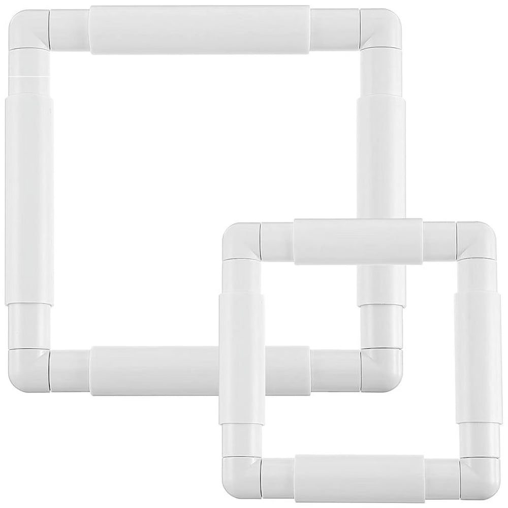 Two assembled white plastic qsnap frames overlayed on top of each other