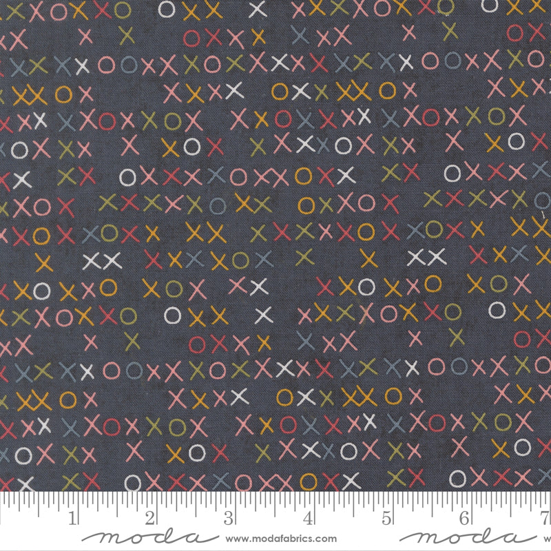 Quilting Cotton Fabric - Fieldrush Xs and Os on Portabello (MD78618) featuring a playful pattern of colorful X and O shapes on a dark gray background, ideal for quilting and modern needlework projects.