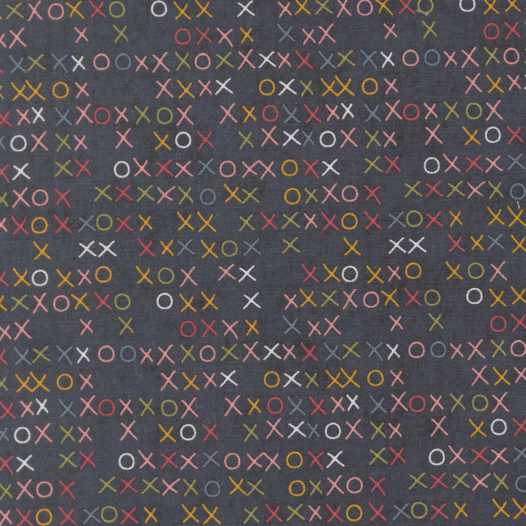 Quilting Cotton Fabric - Fieldrush Xs and Os on Portabello (MD78618) featuring a dark background with scattered X and O patterns in muted tones, ideal for modern needlework and quilting projects.