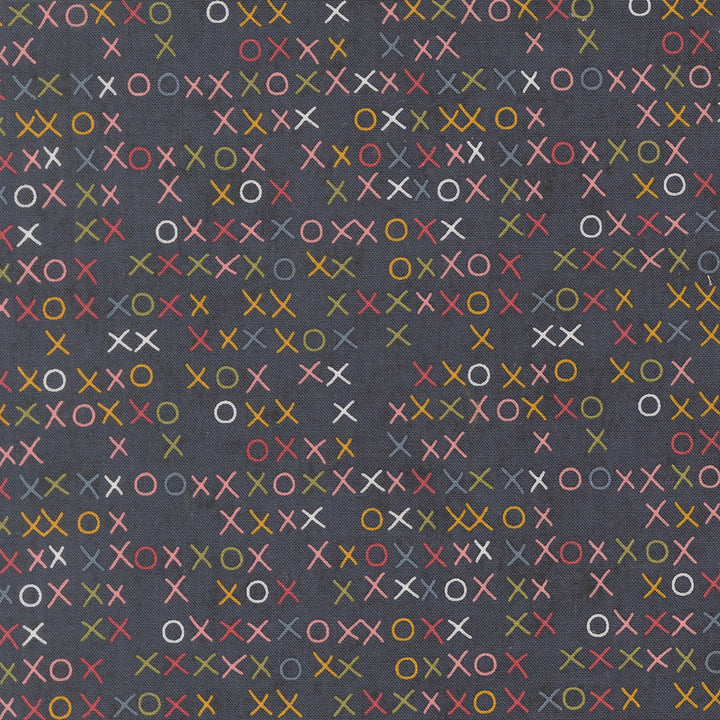 Quilting Cotton Fabric - Fieldrush Xs and Os on Portabello (MD78618) featuring a dark background with scattered X and O patterns in muted tones, ideal for modern needlework and quilting projects.