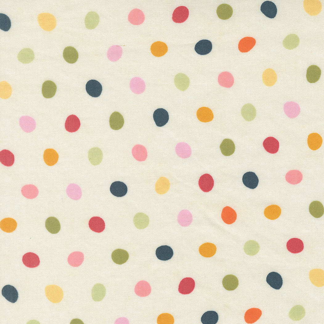 Polka Dot Cotton Fabric - Fieldrush Multi Color Dots on Opal (MD78811) featuring scattered colorful dots on a soft opal background, perfect for modern needlework and sewing projects.
