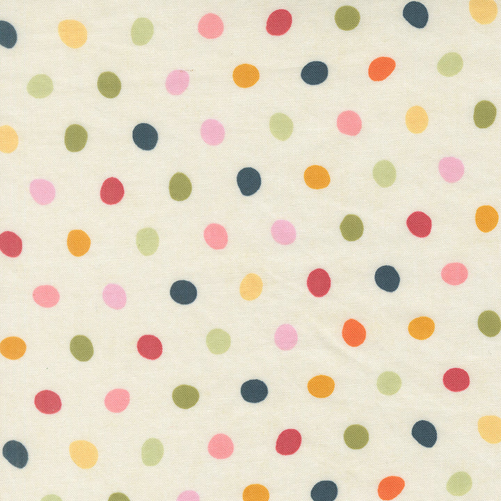 Polka Dot Cotton Fabric - Fieldrush Multi Color Dots on Opal (MD78811) featuring scattered colorful dots on a soft opal background, perfect for modern needlework and sewing projects.