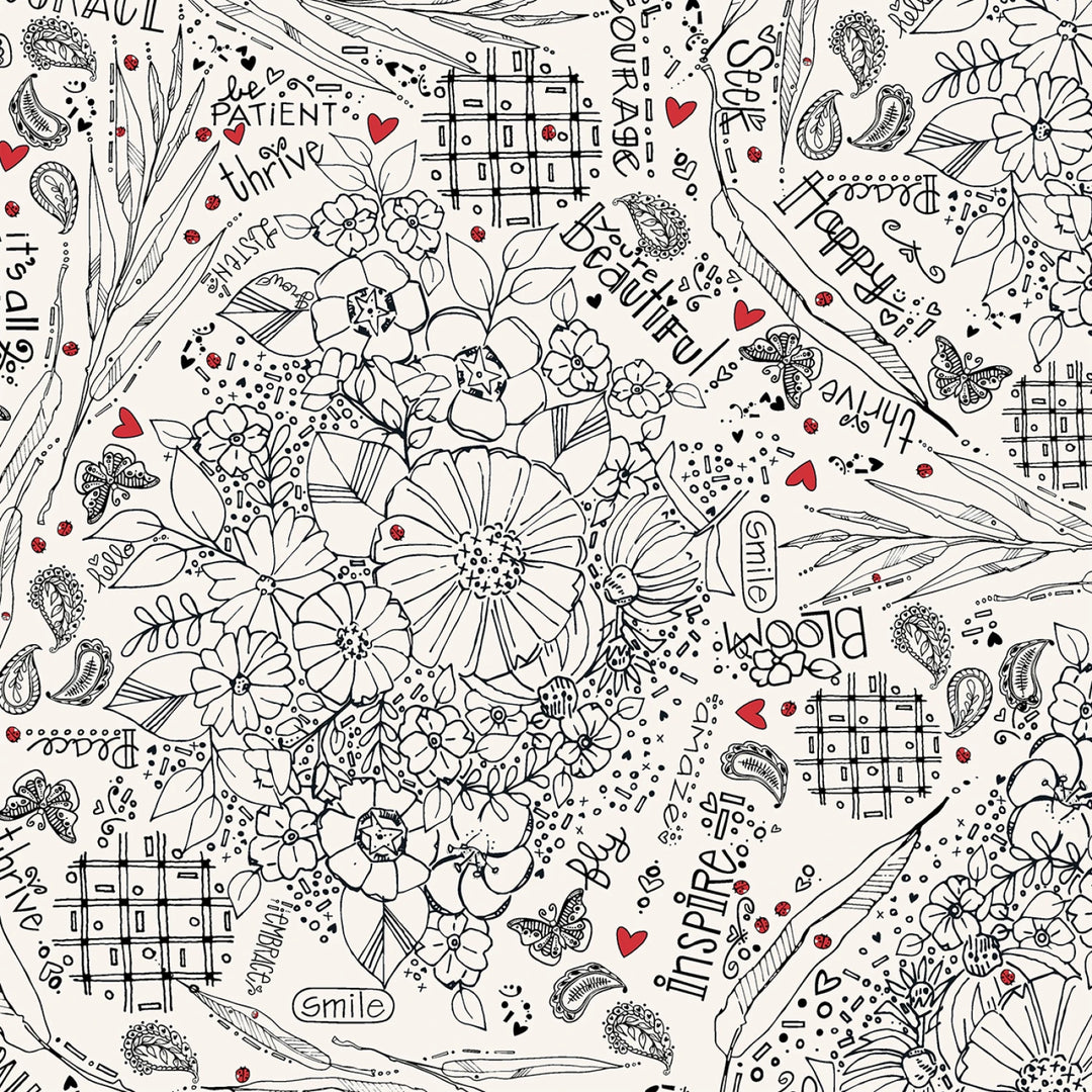 108 Inch Wide Cotton Quilting Fabric - Blooming Doodles on White (KTG108) features intricate black floral and butterfly line art with small red hearts and positive words on a white background, ideal for modern needlework projects.