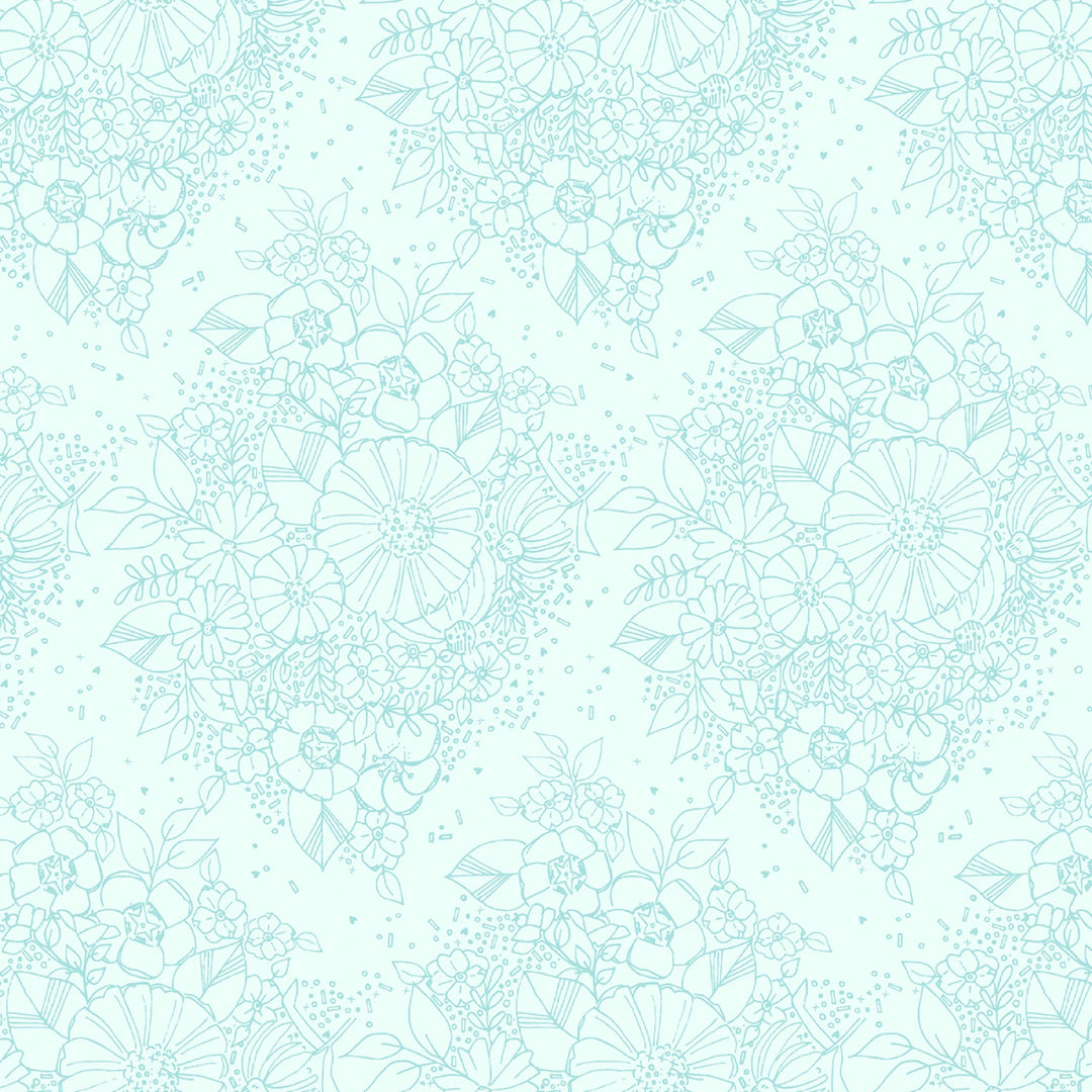 Kori Turner Goodhart Sway Cotton Fabric - Sea Glass Butterfly Bait (KTG70816) featuring delicate floral outlines on a soft sea glass blue background, ideal for modern needlework and quilting projects.
