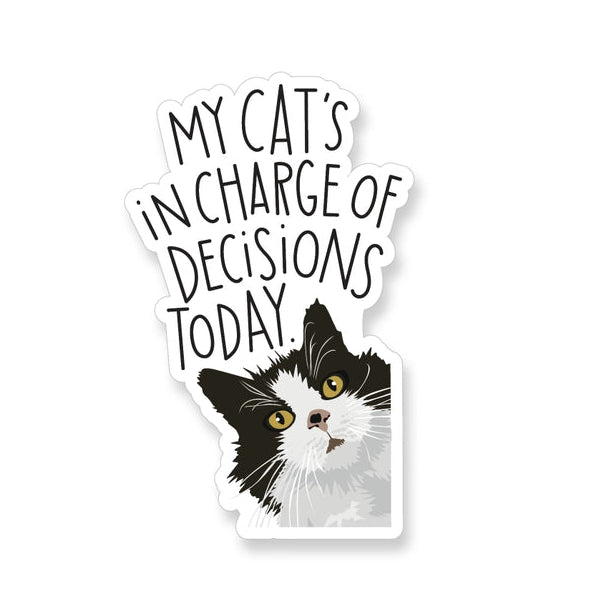 My Cat's In Charge Vinyl Sticker features a black and white cat illustration with playful text, perfect for adding personality to notebooks, laptops, or craft projects.