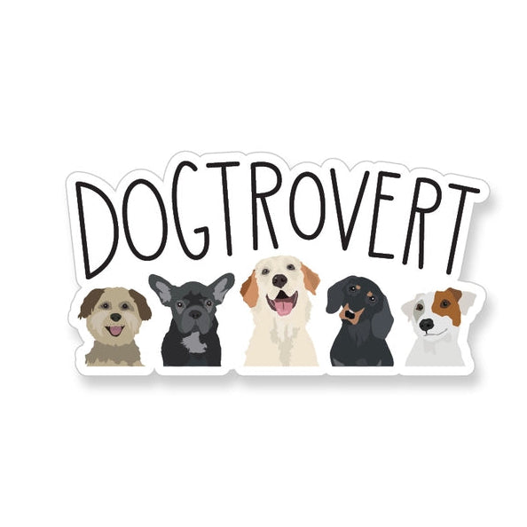 Dogtrovert Vinyl Sticker featuring five illustrated dogs with varied breeds and expressions, perfect for decorating notebooks, laptops, or craft projects.