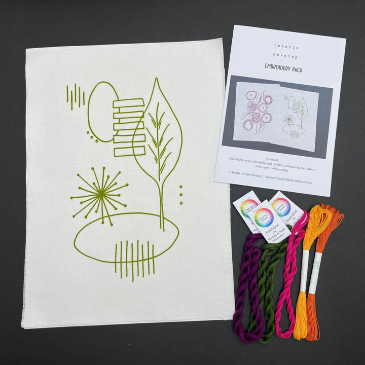 Freestyle Embroidery Kit - Leaf Print with modern leaf and abstract designs on fabric, including embroidery floss in vibrant colors, perfect for hand embroidery projects.