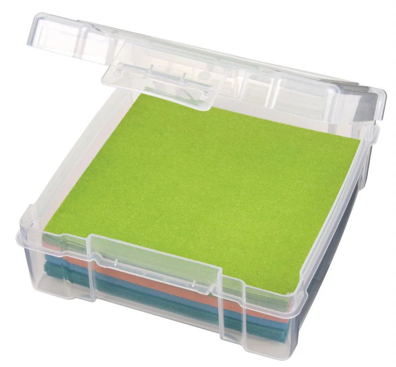 Essentials 6"x6" Plastic Storage Box with a clear lid, holding neatly stacked colorful wool felt sheets, ideal for organizing needlework and craft supplies.