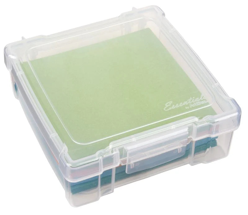 Essentials 6"x6" Plastic Storage Box in clear durable plastic with secure latches, ideal for organizing embroidery floss, needles, and other modern needlework craft supplies.