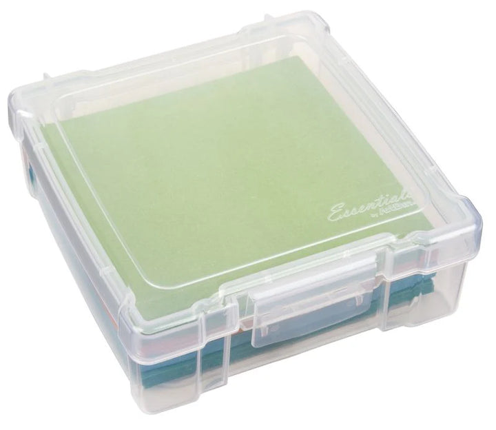 Essentials 6"x6" Plastic Storage Box in clear durable plastic with secure latches, ideal for organizing embroidery floss, needles, and other modern needlework craft supplies.