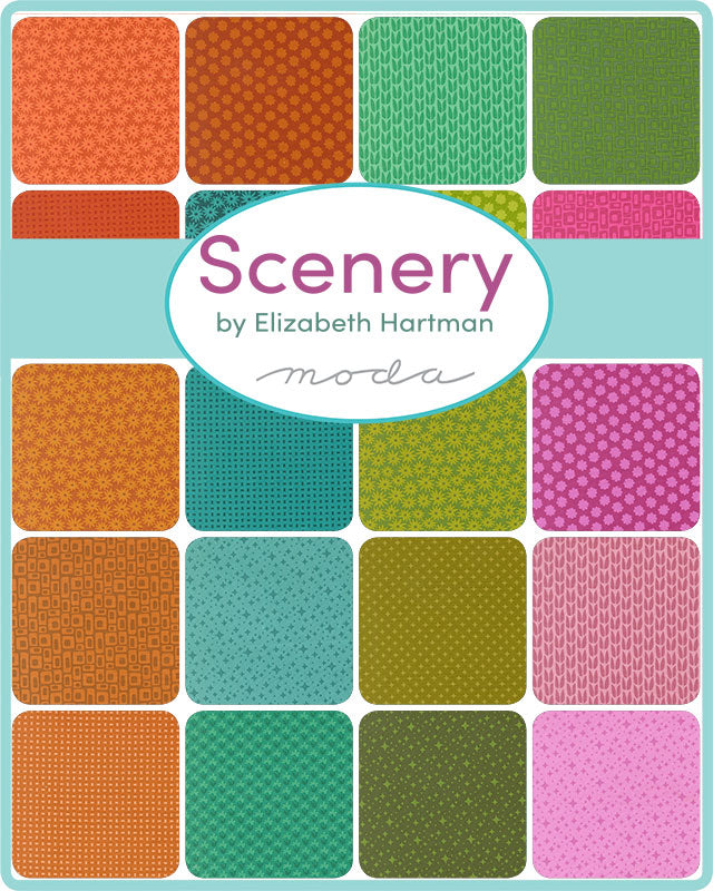 Colorful fabric swatches with various intricate patterns in shades of orange, green, teal, pink, and purple from Elizabeth Hartman's Scenery Fabric Collection, ideal for modern needlework and quilting.