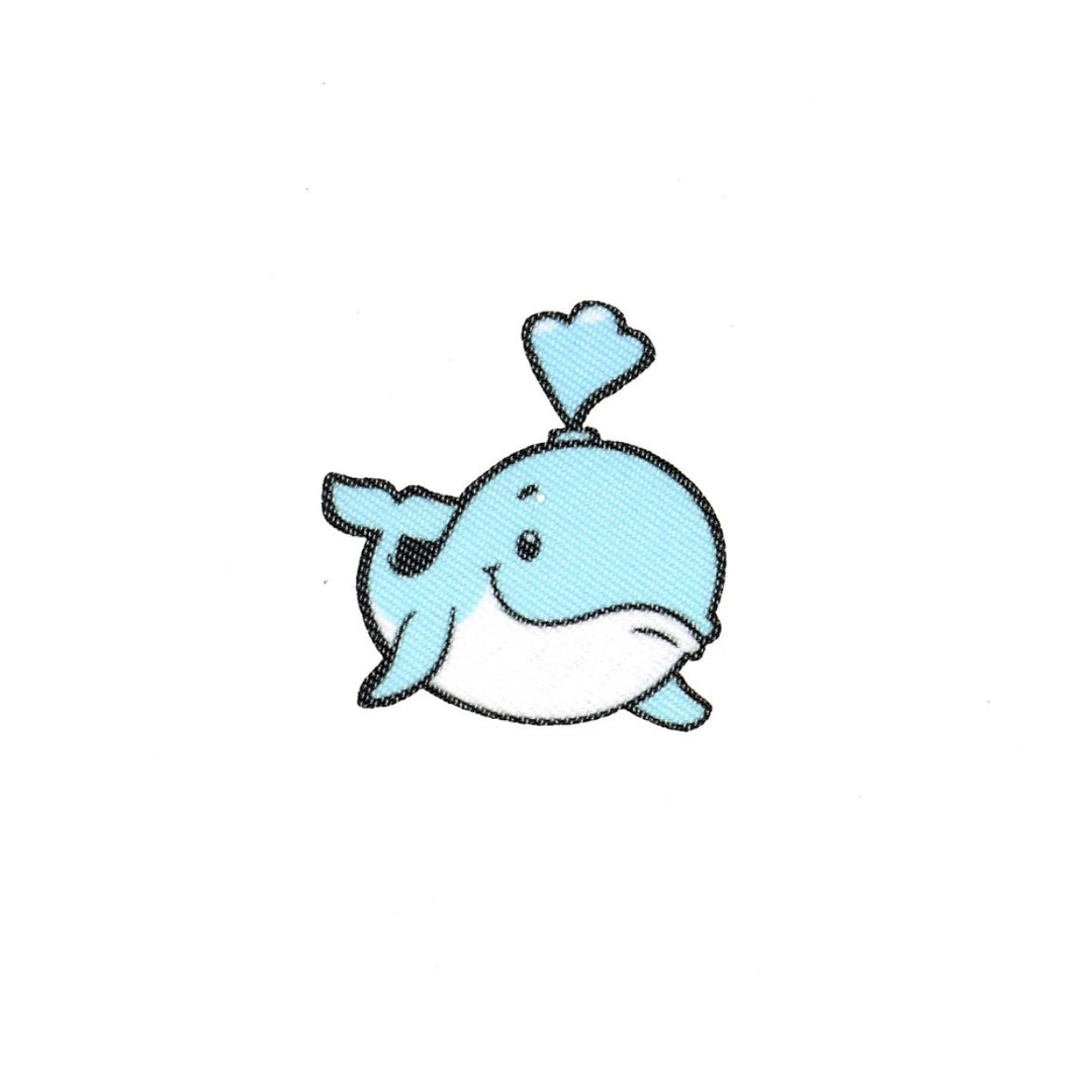 Blue Whale Iron on patch on a plain white background