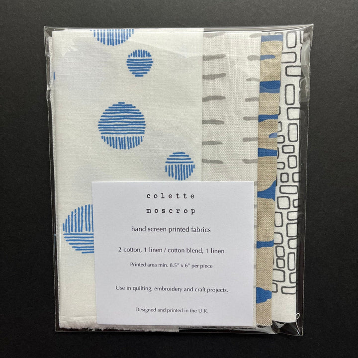 Colette Moscrop Fabric Sampler Pack featuring hand screen printed fabrics in blue and grey tones, ideal for quilting, embroidery, and modern needlework craft projects.