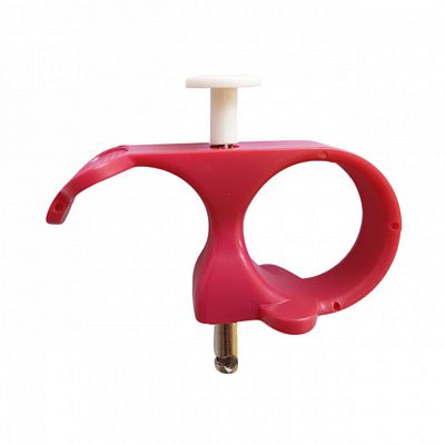 3 in 1 Needle Puller in red plastic with ergonomic finger loops and a white push button used for embroidery, cross stitch, and other needlework crafts.