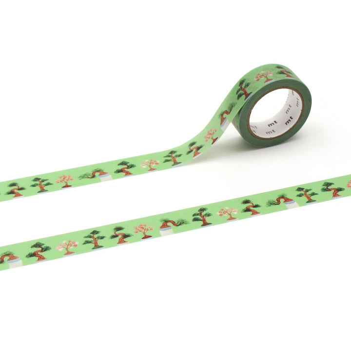 Bonsai Trees on Green background washi tape stuck to a white background