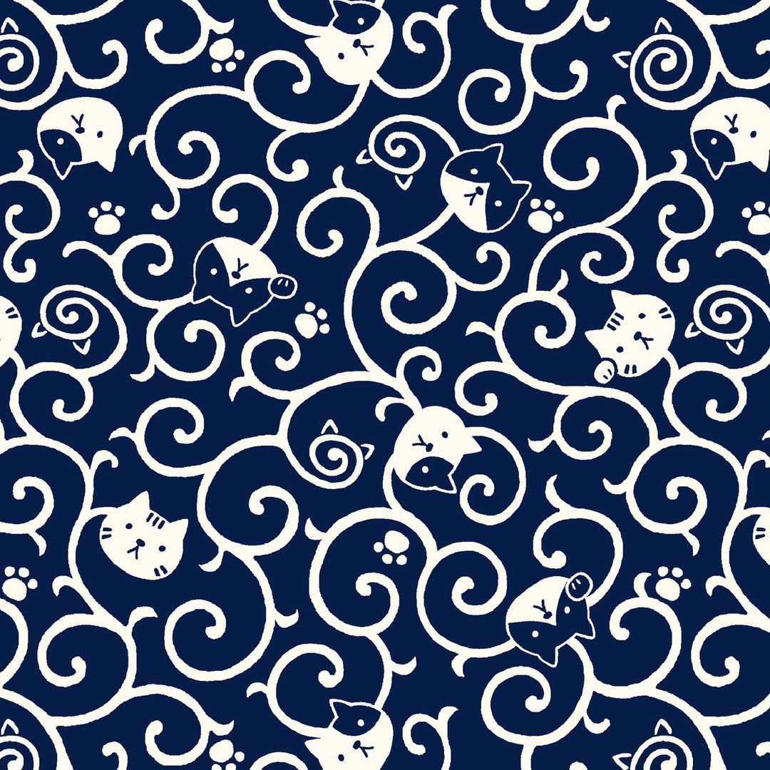 Cotton Dobby Fabric - FUKU FUKU Cats on Swirly Vines - Navy (COS12021E)