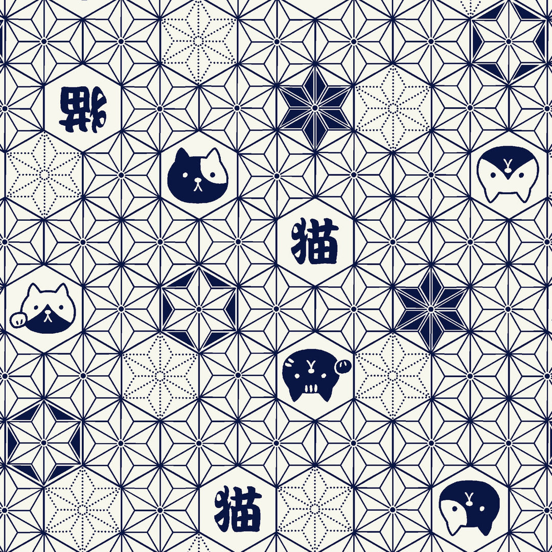 Cotton Dobby Fabric - FUKU FUKU Asa No Ha Cats - White (COS2022A)