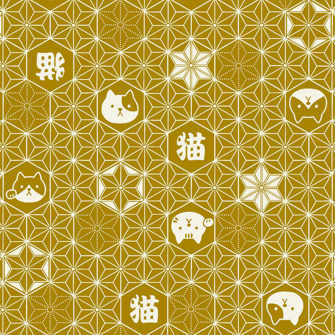 Cotton Dobby Fabric - FUKU FUKU Asa No Ha Cats - Yellow (COS2022C)