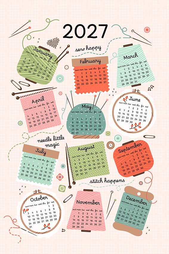 2027 Sewing Calendar Tea Towel