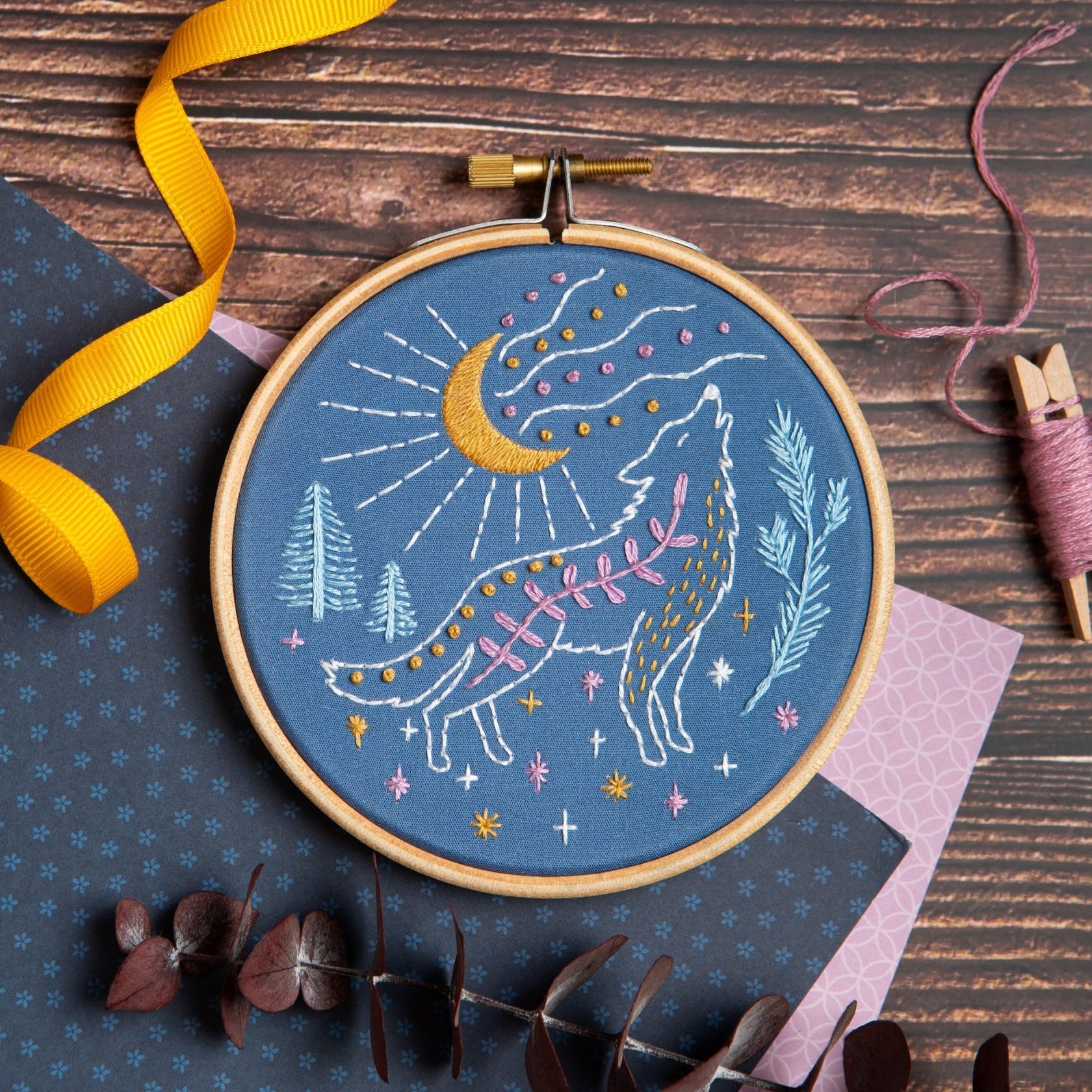 Celestial Wolf Mini Embroidery Kit – Snuggly Monkey
