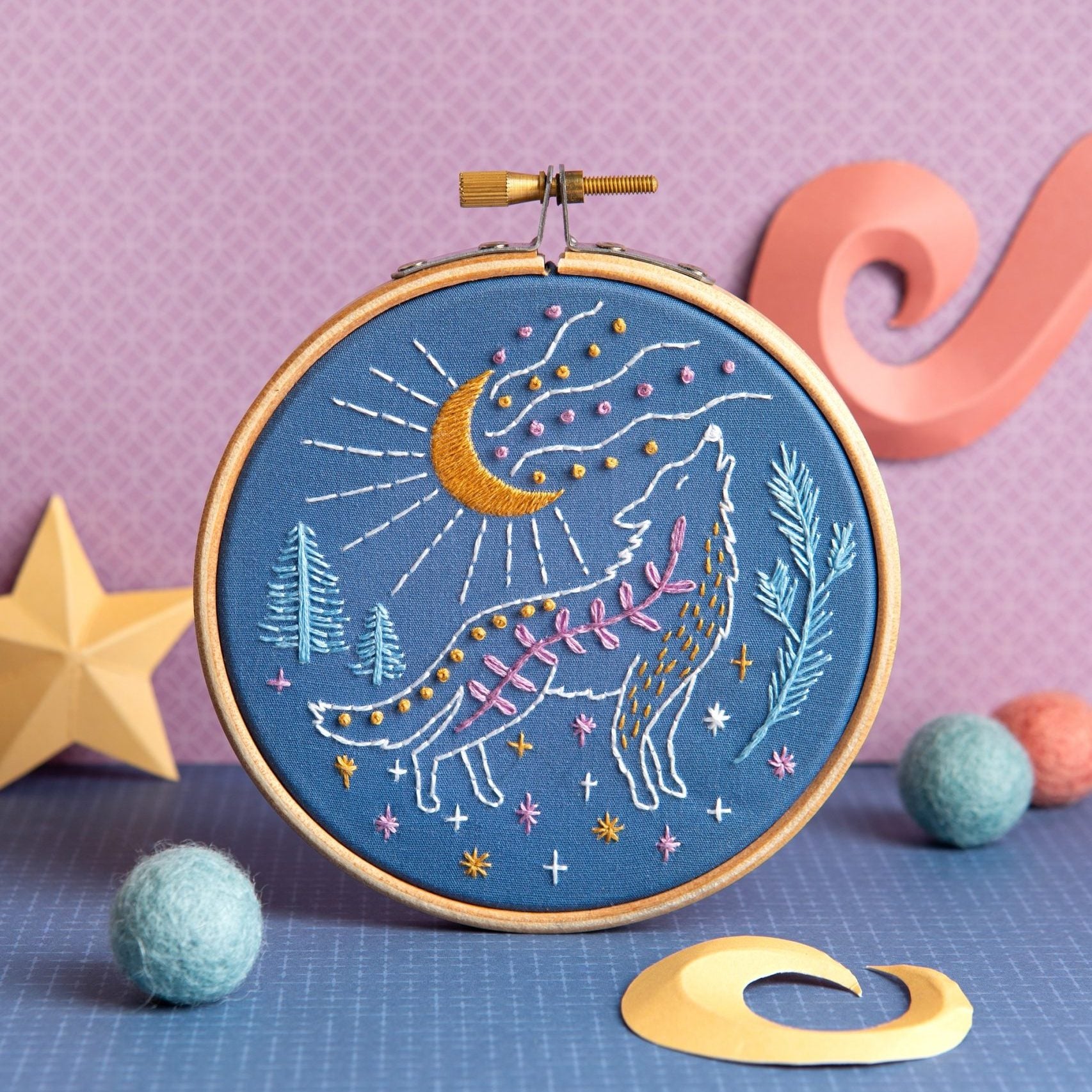 Celestial Wolf Mini Embroidery Kit – Snuggly Monkey