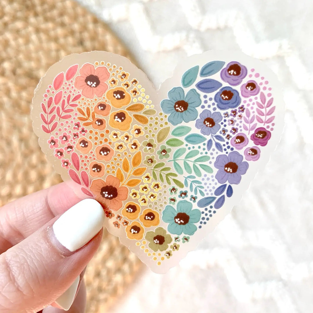 Rainbow Floral Heart Clear Vinyl Sticker