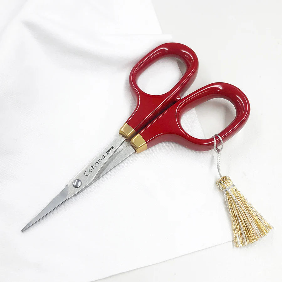 Japanese Artisan Lacquered Handle Embroidery Scissors with glossy red handles and precise stainless steel blades, ideal for detailed embroidery and needlework projects.