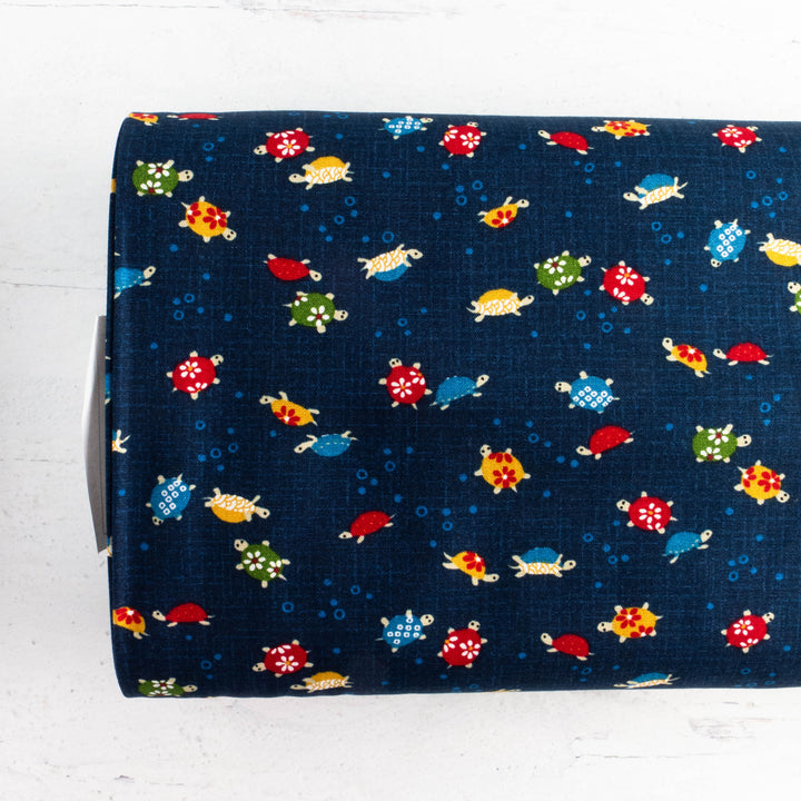 Japanese Cotton Fabric - Small Turtles on Navy Bubbles