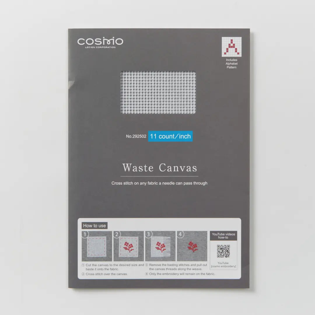 Cross Stitch Waste Canvas packaging showing 11 count fabric with instructions, designed for use with embroidery and needlework projects on various fabrics.