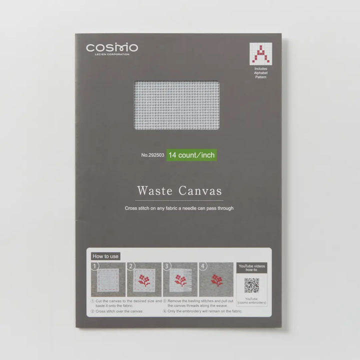 Packaging of Cross Stitch Waste Canvas showing a gray cover with a small square of white aida cloth in the center, instructions for use, and a 14 count per inch label for embroidery projects.