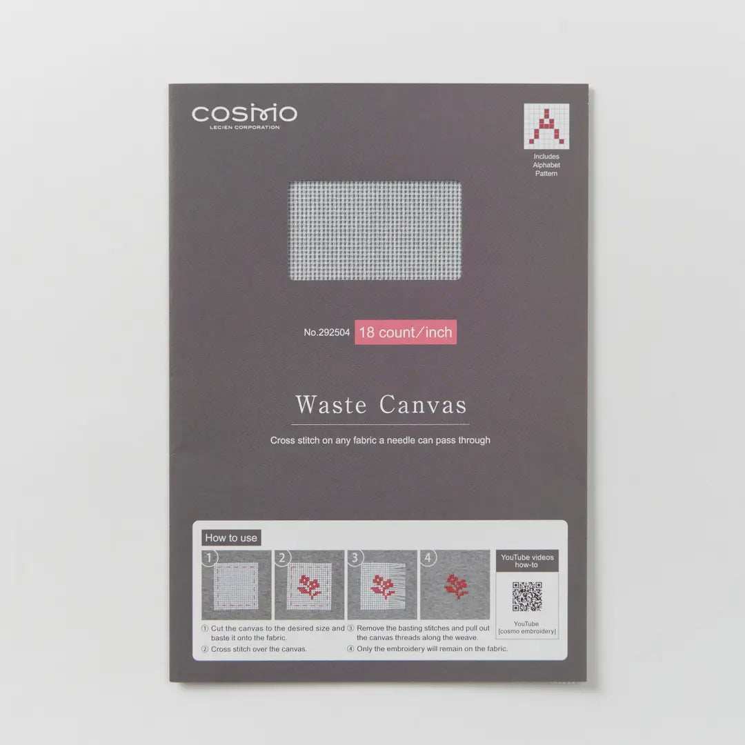 Cross Stitch Waste Canvas packaging showing an 18 count canvas designed to aid cross stitch on any fabric, with instructions and a small window revealing the white canvas material.