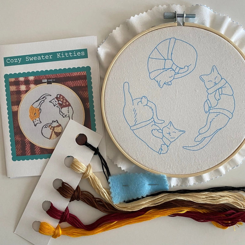 Cozy Sweater Kitties Hand Embroidery Kit
