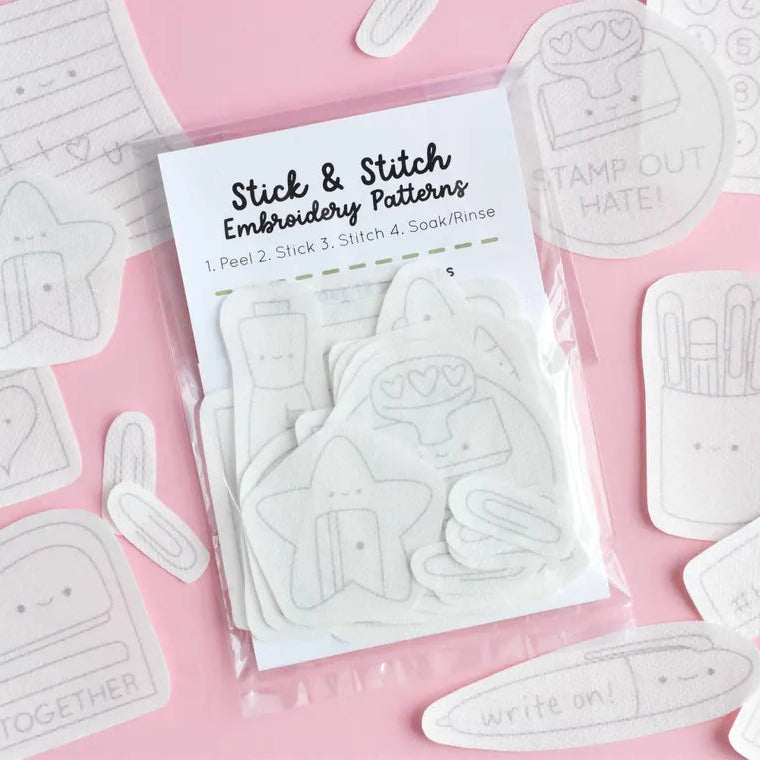 Embroidery patterns with 'Stick & Stitch' branding on a pink background
