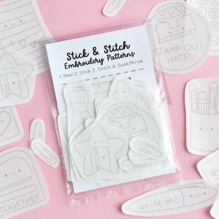 Embroidery patterns with 'Stick & Stitch' branding on a pink background