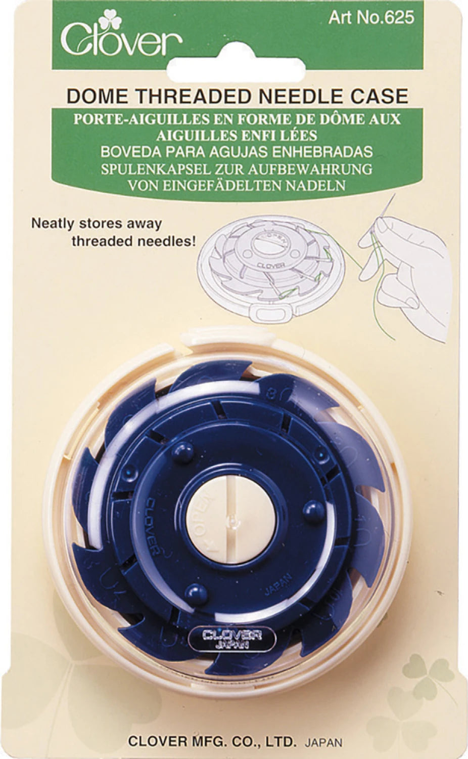 Dome Threaded Needle Case by Clover, a compact plastic storage solution designed to neatly organize and safely store threaded needles for embroidery and needlework projects.