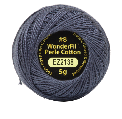Vicki McCarty Wonderfil Perle Cotton - Independence Gray (2138) is a premium embroidery thread made from 100% Egyptian cotton, ideal for modern needlework and craft projects.